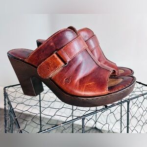 Born Open Toe Leather Clogs Mules Size 8 Block Heel Boho Comfort Shoe Artisan